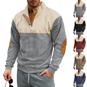 Men's Corduroy Contrast Color Stand Collar Long Sleeve Sweatshirt Casual Button Up Patchwork Pullover Top