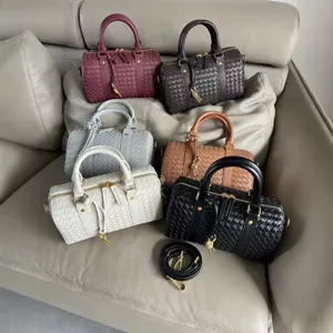 Stylish Leather Woven Boston Bag Retro Handbag Large Capacity Shoulder Crossbody Bag