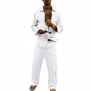 Men casual breathable white linen long sleeve shirt and matching straight pants detail.