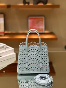 Light blue leather laser cut tote bag french casual top handle shoulder crossbody bag