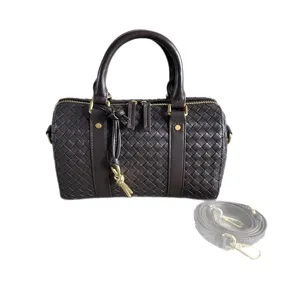 Brown woven leather Boston bag retro top handle handbag with crossbody strap for women