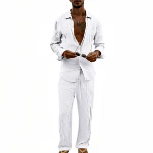 Casual men's white linen long sleeve shirt and pants set detail view showing breathable fabric.