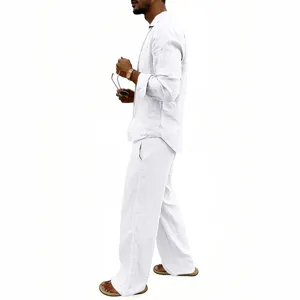Men casual linen long sleeve shirt and straight pants set side view detail white outfit