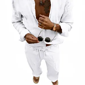 Men casual linen long sleeve shirt and straight pants set breathable summer beach outfit.