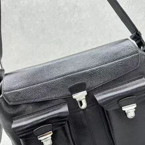 Black leather messenger bag retro motorcycle shoulder crossbody bag with metallic hardware