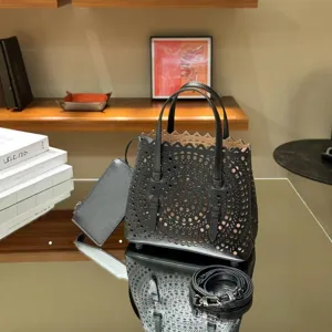 Black leather laser-cut tote bag women chic casual shoulder crossbody handbag with pouch.