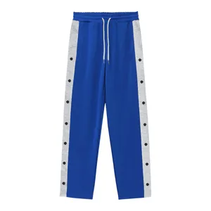 Heren casual sportbroek met knopen aan de zijkant, blauwe rechte joggingbroek met grijze strepen.