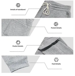 Men's casual grey sweatpants detail view showing adjustable waistband and practical pockets.