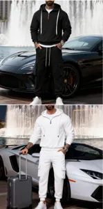 Men's winter fleece hooded sweatshirt and cargo jogger pants set casual sportswear.