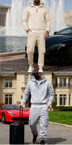 Detail shot of men's half-zip hoodie and cargo sweatpants tracksuit in outdoor luxury setting.