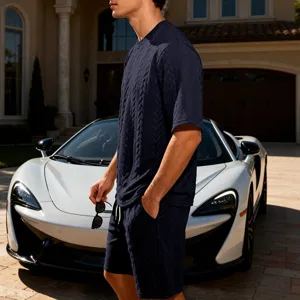Men's dark navy blue knit jacquard short sleeve shorts set luxury casual streetwear detail view
