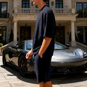 Men's navy blue knit jacquard short sleeve t-shirt and shorts luxury outfit detail view.