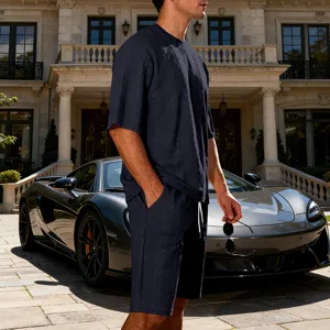 Men's casual knit jacquard short sleeve shorts set, loose streetwear summer two piece outfit.