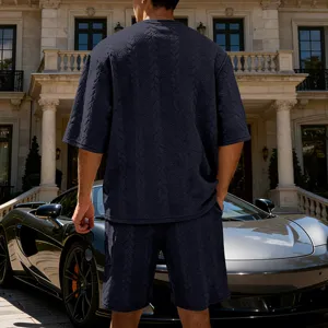 Men's dark blue knitted short sleeve and shorts set, casual streetwear outfit for summer.
