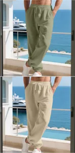Men's casual linen cuffed trousers detail showing loose beach pants in green and beige colors.