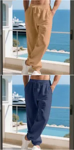 Men's casual loose linen jogger pants, comfortable elastic drawstring beach trousers for daily wear.