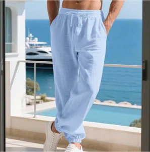 Men casual linen jogger pants lightweight breathable beach trousers drawstring waist blue