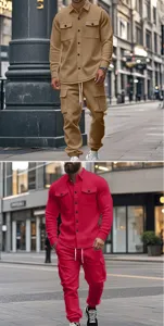 Herren Winter Fleece Cargo Set Freizeit Revers Jacke und passende Hose Streetwear Outfit.