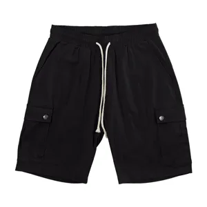 Men black cargo shorts with long drawstring casual streetwear fashion summer apparel.