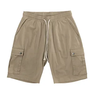 Men's khaki casual cargo shorts with elastic drawstring waist and utility pockets.