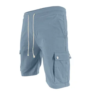 Light blue casual cargo shorts detail view, featuring drawstring waist and utility pockets.