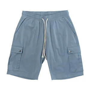 Men's casual blue cargo shorts detail view, featuring adjustable drawstring waist and side pockets.