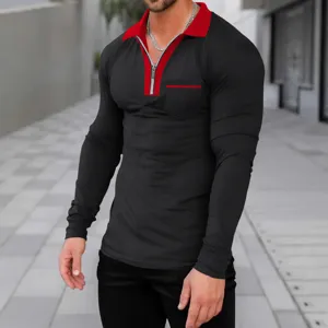 Men's long sleeve polo shirt with zipper lapel and contrast color design for daily wear.