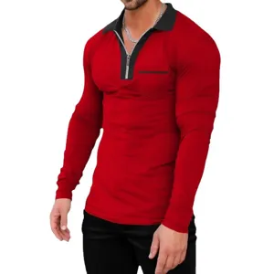 Men's half zipper long sleeve polo t-shirt casual slim fit stylish red top for daily wear.