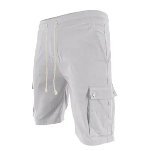 Close-up detail view of mens casual cargo shorts featuring drawstring waist and side pocket.