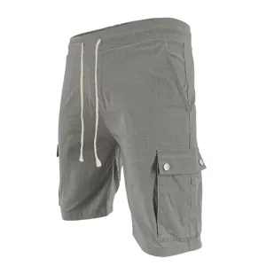 Gray cargo shorts detail showing elastic drawstring waist and side pocket with snap buttons.