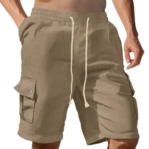 Men's casual cargo shorts summer slim fit multi-pocket drawstring five-point trousers khaki