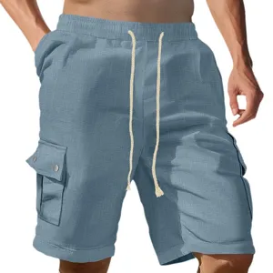 Men's casual cargo shorts summer slim-fit drawstring grey-blue five-quarter trousers