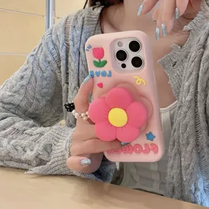 Rosa Silikon Handyhülle mit 3D Blumenständer und niedlichen Cartoonmustern für iPhone.