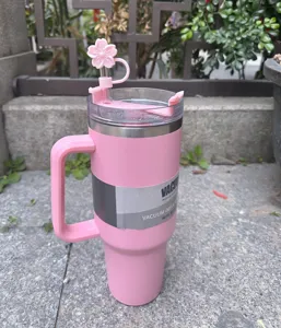 Pink 40oz stainless steel vacuum insulated tumbler with cherry blossom straw cover.
