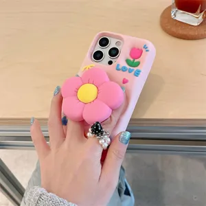 Rosa 3D Blume Handyhülle mit Ständer und Tulpen-Design für iPhone, süße Silikon Schutzhülle