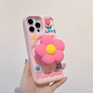 Niedliche 3D Blumen Ständer Handyhülle für iPhone, stoßfeste Silikon Schutzhülle Detail.