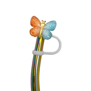 Cannuccia in metallo colorato con tappo antipolvere farfalla in silicone 10mm