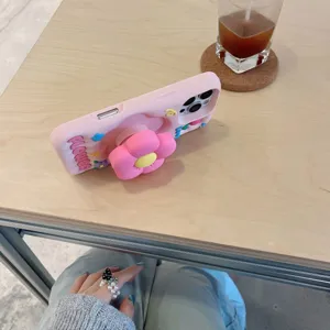 Süße 3D Blume Halter iPhone Hülle, rosa stoßfeste Silikon Schutzhülle für Apple Smartphones.