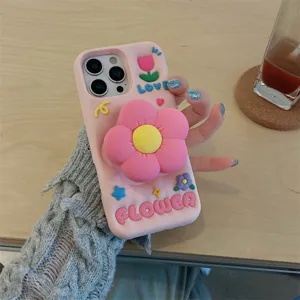 Rosa Silikon Handyhülle mit 3D Blumen Ständer, süßes Blumen Design für iPhone 14 15 16 Pro