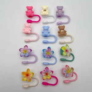 Cute silicone straw covers set for 10mm tumbler straws, featuring bear and flower designs.