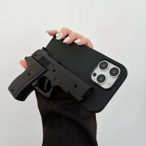 Black creative toy gun style phone case, full coverage protective back cover for smartphone.