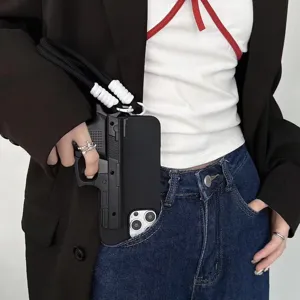 Creative toy gun shape phone case with woven lanyard for iPhone, stylish black protective cover.