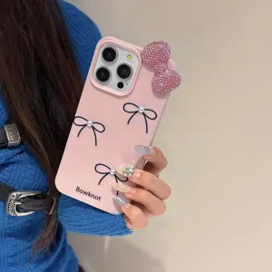 Rosa Strass Perlen Schleife Handyhülle für iPhone 16 15 Pro Max süße mädchenhafte Schutzhülle