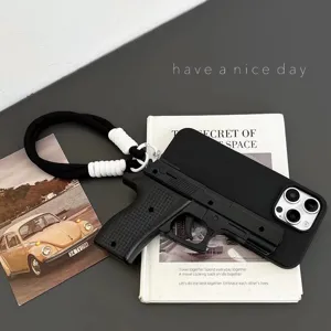 Detailed view of the creative toy gun shape phone case with a durable lanyard and strap.
