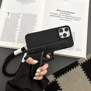 Creative toy gun shape iPhone 16 phone case detail view, black protective cover with lanyard.