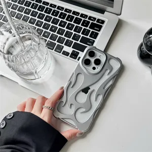 Silver flame hollow iPhone case, metal texture protective cover with cutout for apple.