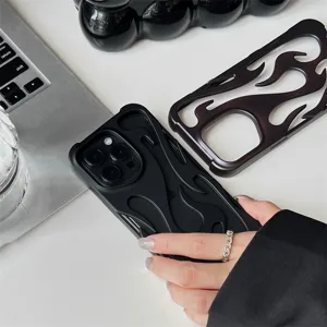 Detailed view of matte black irregular flame texture phone case with sleek finish.