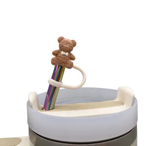 Cute bow bear silicone straw cover for 10mm tumblers dustproof reusable straw topper cap