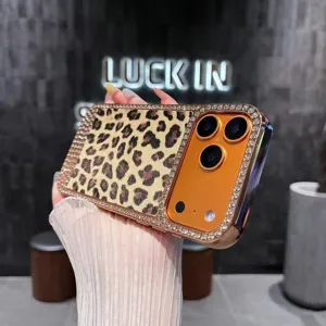 Fundas de teléfono de lujo leopardo diamantes galvanizada para iPhone 16 17 Pro Max