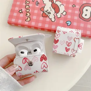 White leather sketch heart AirPods case, cute wireless earphone protective cover for Apple.